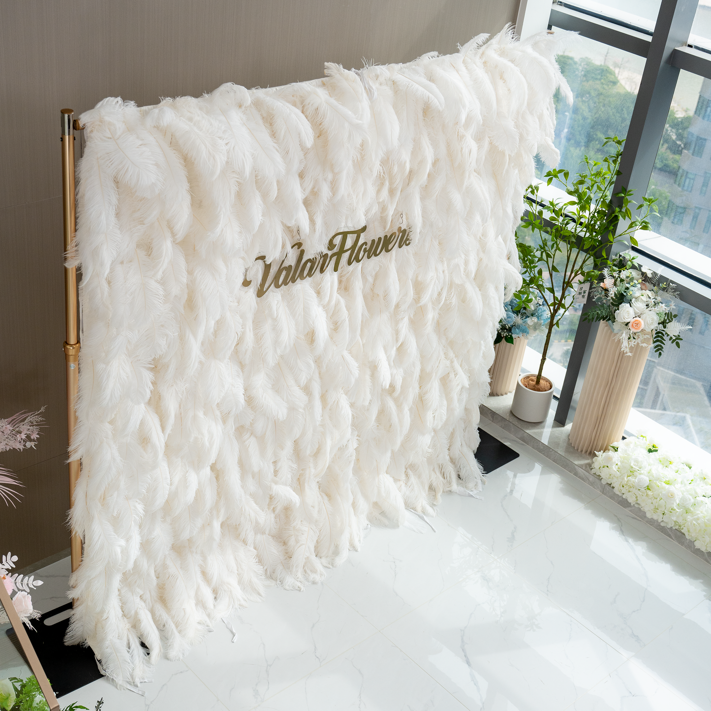 ValarFlowers Artificial Floral Wall Backdrop: Celestial White Feather Dreamscape - The Ethereal Whisper Collection for Luxurious Weddings and Events-VF-164-White
