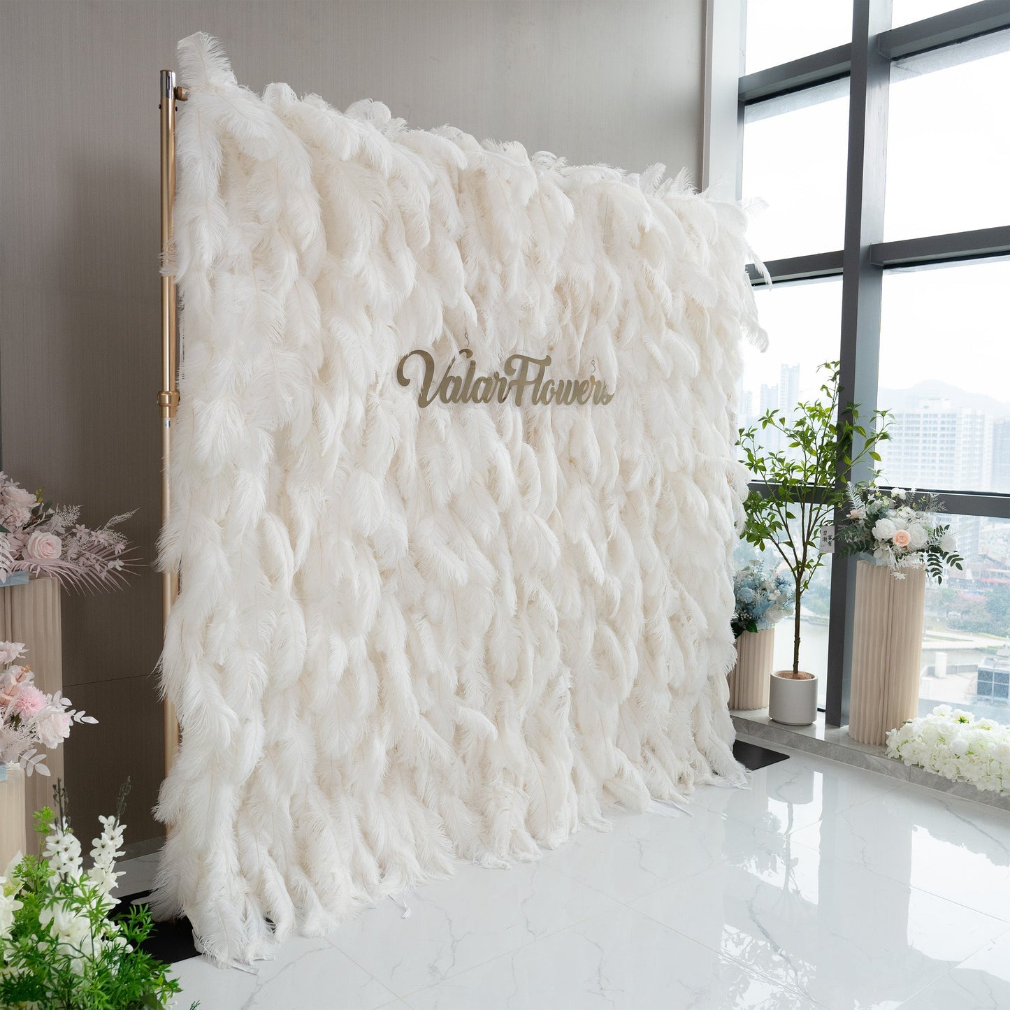 ValarFlowers Artificial Floral Wall Backdrop: Celestial White Feather Dreamscape - The Ethereal Whisper Collection for Luxurious Weddings and Events-VF-164-White