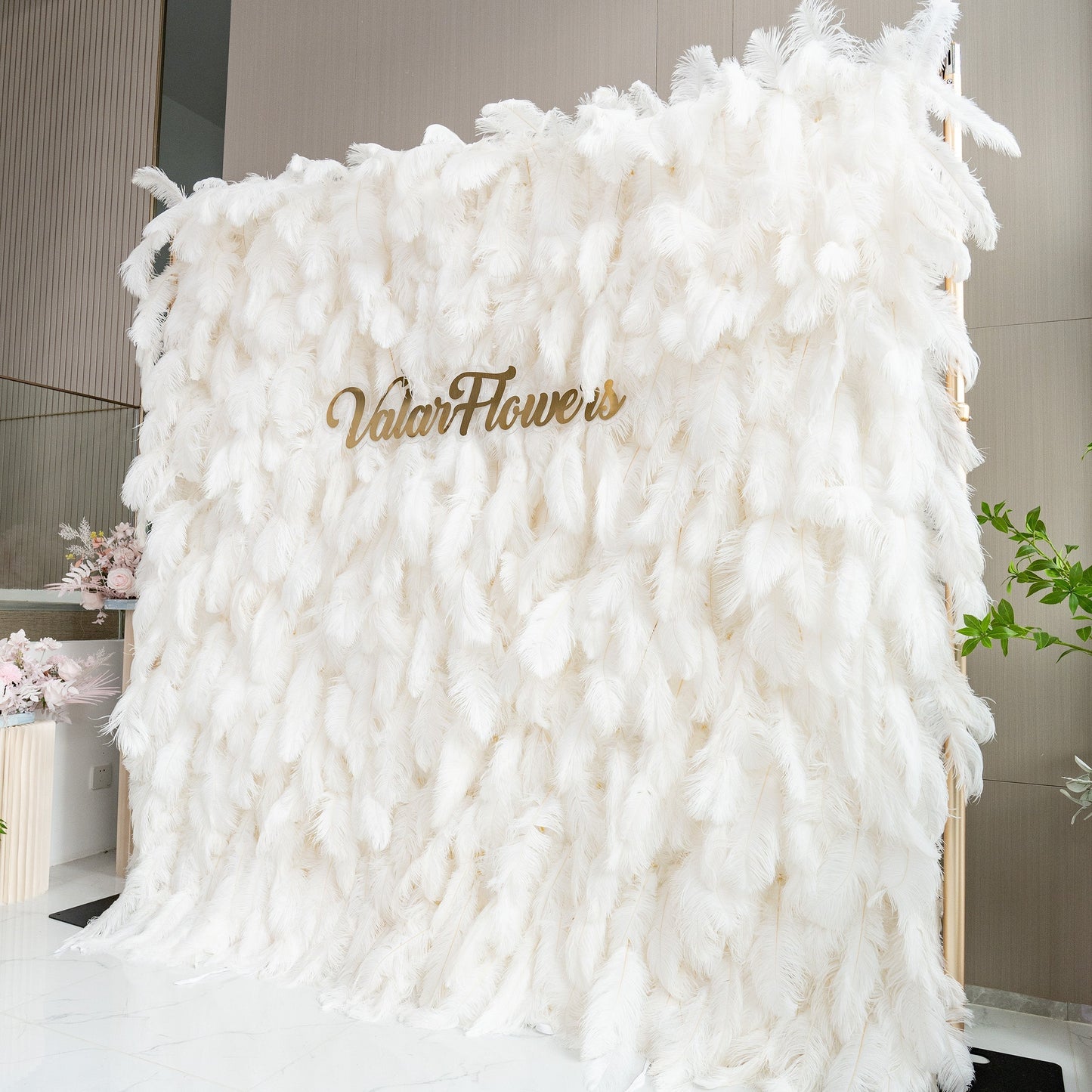 ValarFlowers Artificial Floral Wall Backdrop: Celestial White Feather Dreamscape - The Ethereal Whisper Collection for Luxurious Weddings and Events-VF-164-White