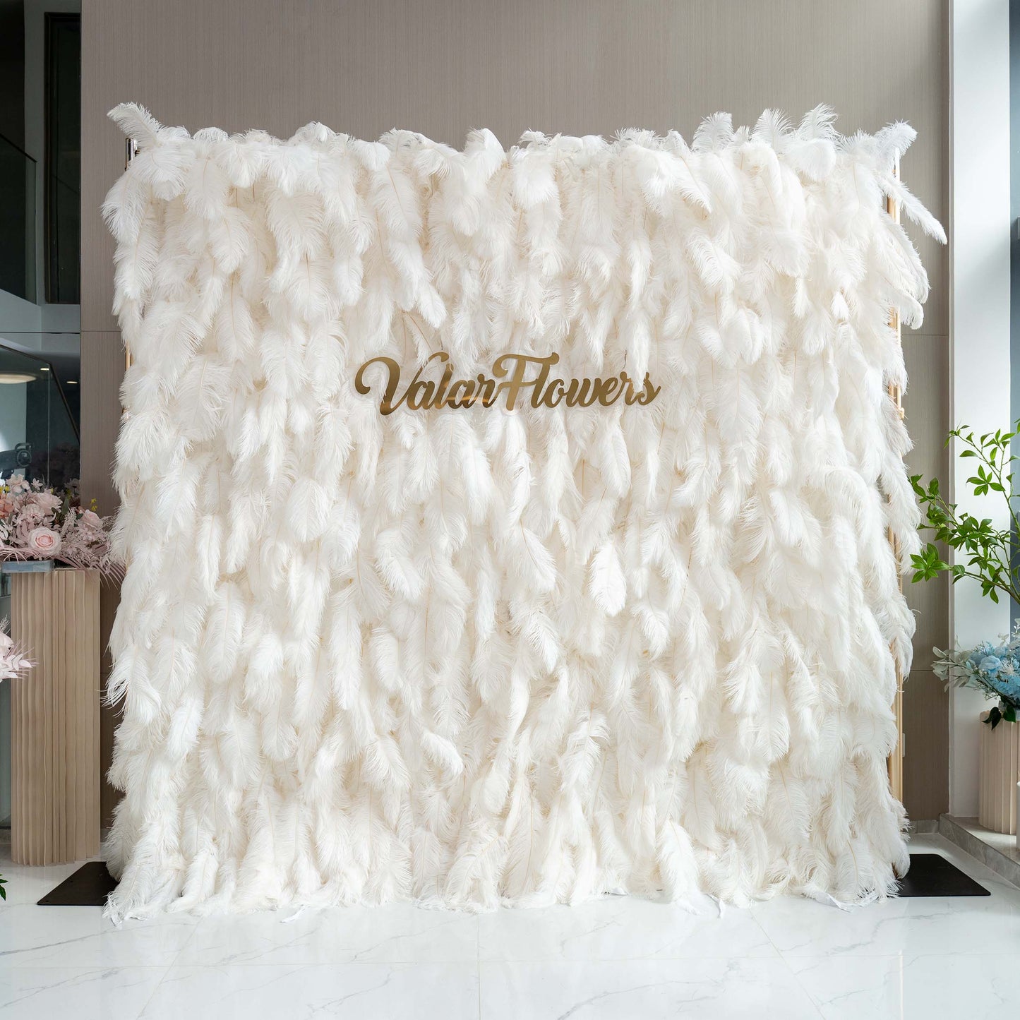 ValarFlowers Artificial Floral Wall Backdrop: Celestial White Feather Dreamscape - The Ethereal Whisper Collection for Luxurious Weddings and Events-VF-164-White