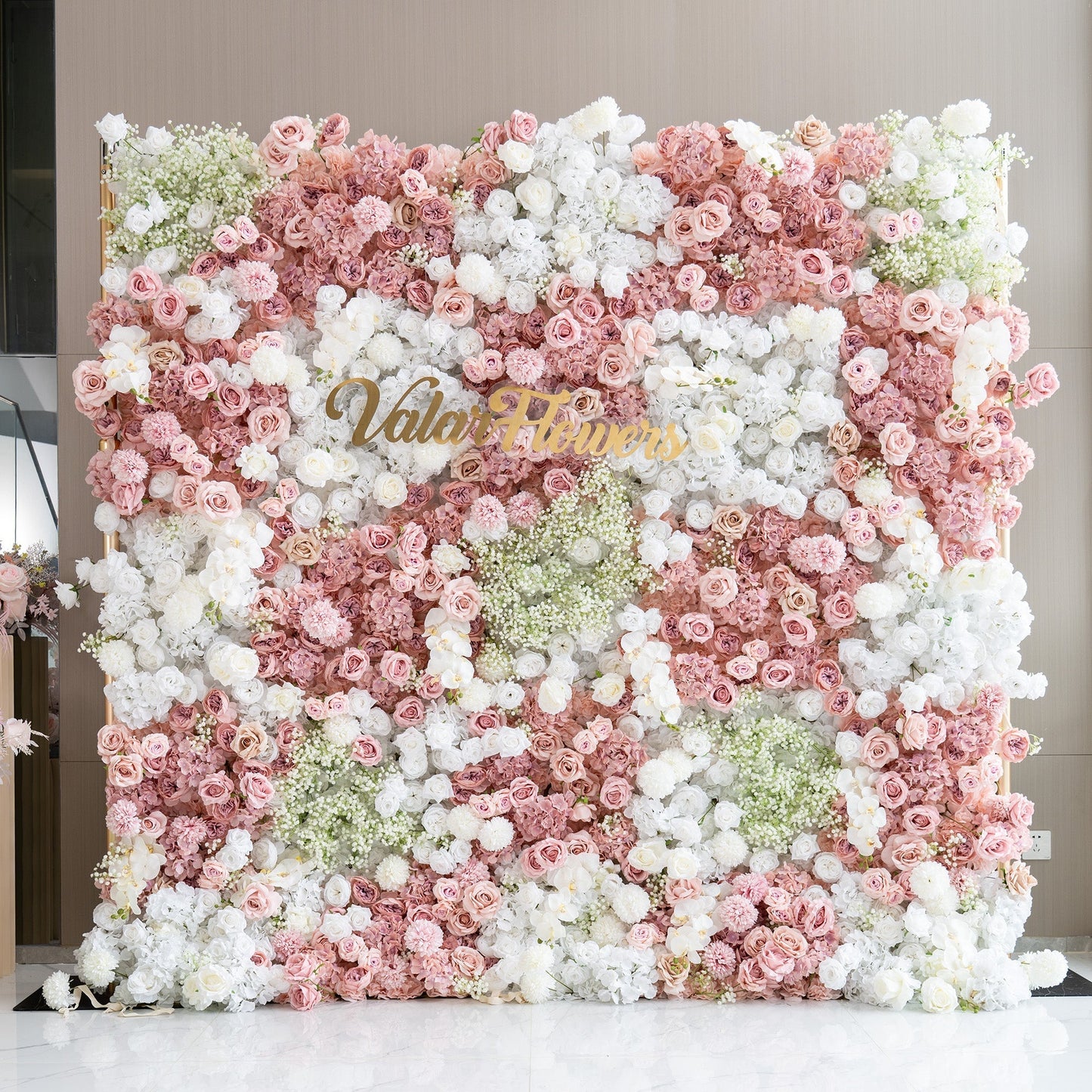 Romantic Floral Backdrop - Blush Nude and White Artificial Flower Wall for Weddings, Events, and Special Occasions-VF-418