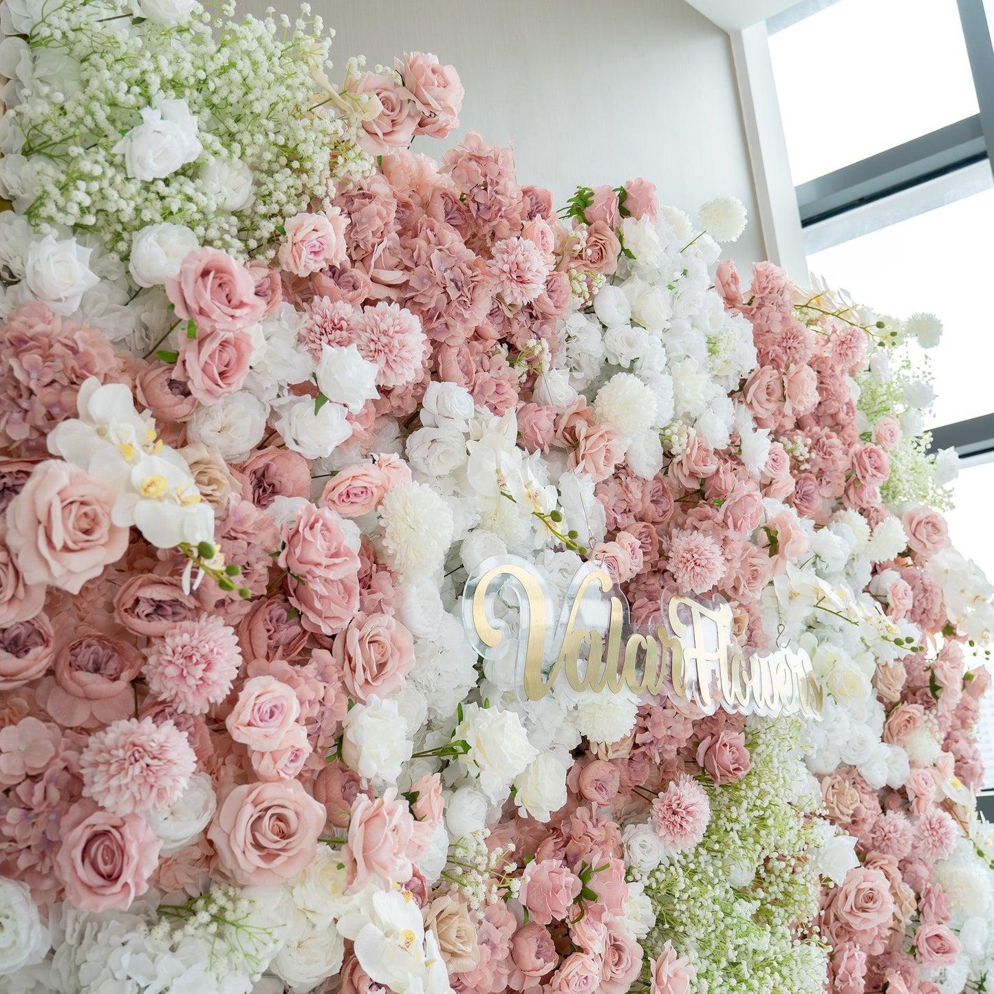 Romantic Floral Backdrop - Blush Nude and White Artificial Flower Wall for Weddings, Events, and Special Occasions-VF-418