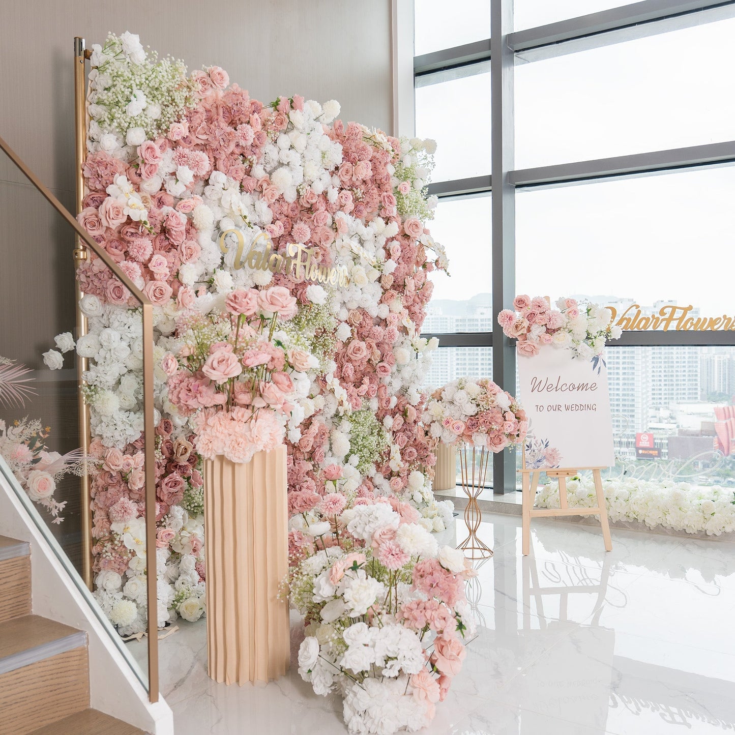 Romantic Floral Backdrop - Blush Nude and White Artificial Flower Wall for Weddings, Events, and Special Occasions-VF-418