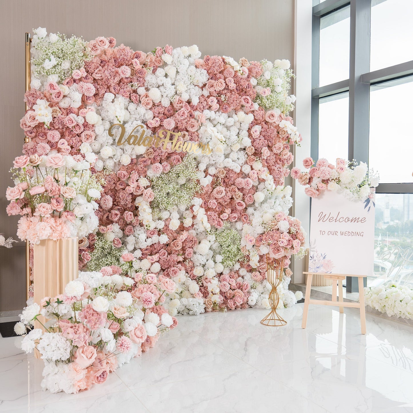 Romantic Floral Backdrop - Blush Nude and White Artificial Flower Wall for Weddings, Events, and Special Occasions-VF-418