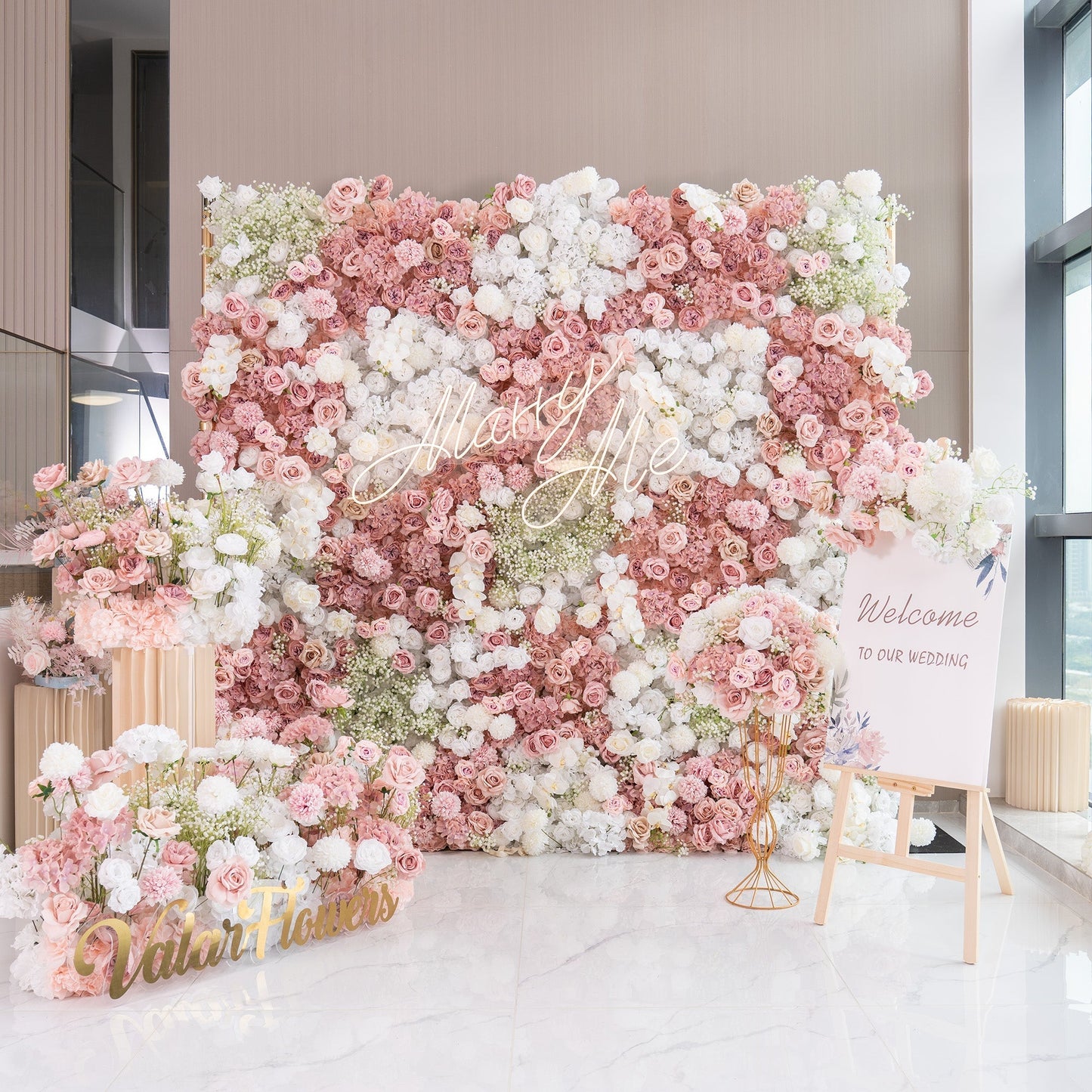 Romantic Floral Backdrop - Blush Nude and White Artificial Flower Wall for Weddings, Events, and Special Occasions-VF-418