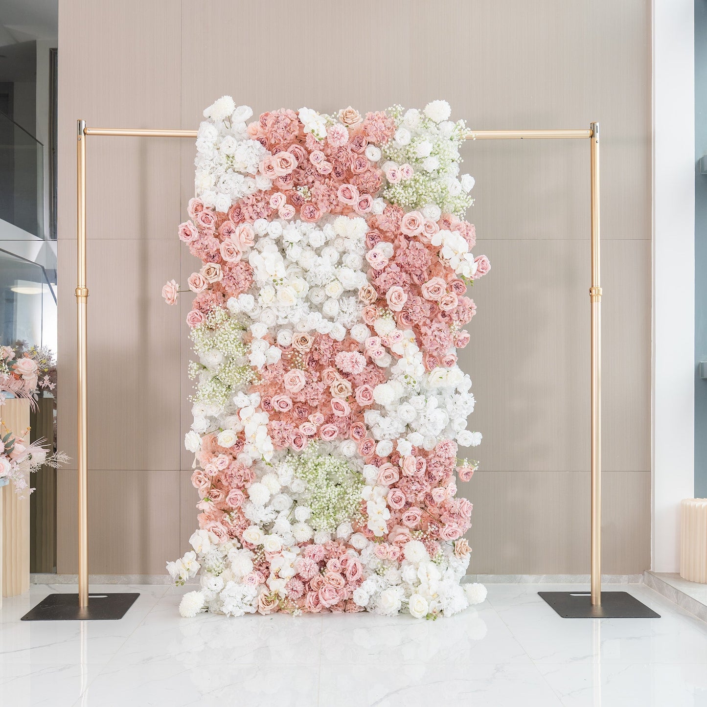 Romantic Floral Backdrop - Blush Nude and White Artificial Flower Wall for Weddings, Events, and Special Occasions-VF-418