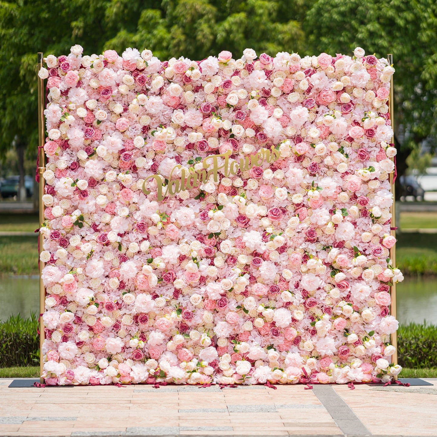 Roll Up Fabric Artificial Variety Of Pink And Cream Floral Bridal Shower Backdrop - Captivating Flowers Photography Arranged Party Event Decor-VF-503