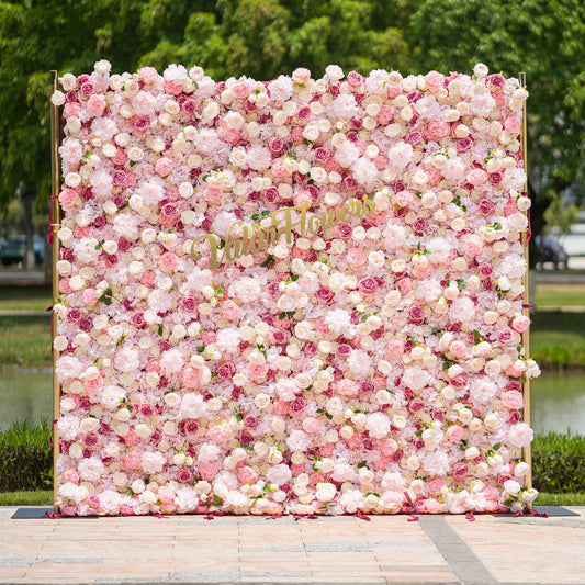 Roll Up Fabric Artificial Variety Of Pink And Cream Floral Bridal Shower Backdrop - Captivating Flowers Photography Arranged Party Event Decor-VF-503