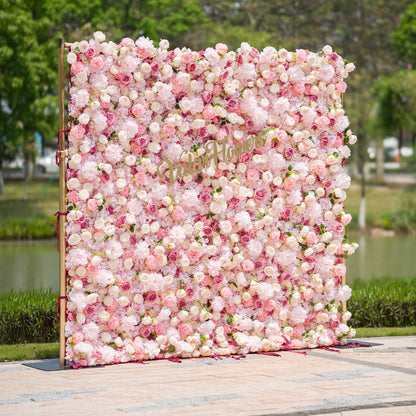 Roll Up Fabric Artificial Variety Of Pink And Cream Floral Bridal Shower Backdrop - Captivating Flowers Photography Arranged Party Event Decor-VF-503
