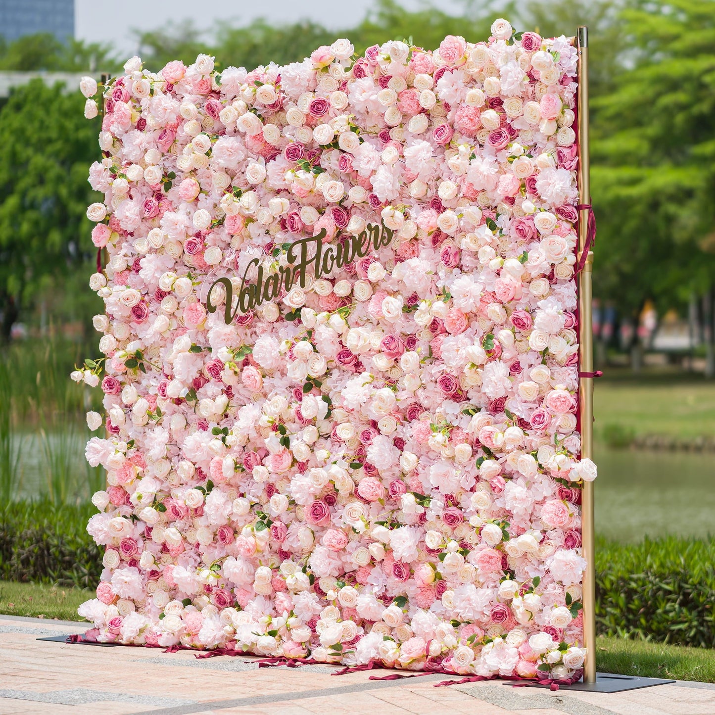 Roll Up Fabric Artificial Variety Of Pink And Cream Floral Bridal Shower Backdrop - Captivating Flowers Photography Arranged Party Event Decor-VF-503