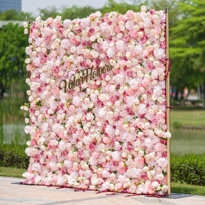 Roll Up Fabric Artificial Variety Of Pink And Cream Floral Bridal Shower Backdrop - Captivating Flowers Photography Arranged Party Event Decor-VF-503
