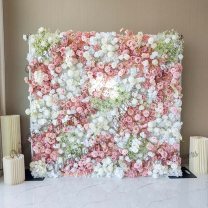 Romantic Floral Backdrop - Blush Nude and White Artificial Flower Wall for Weddings, Events, and Special Occasions-VF-418