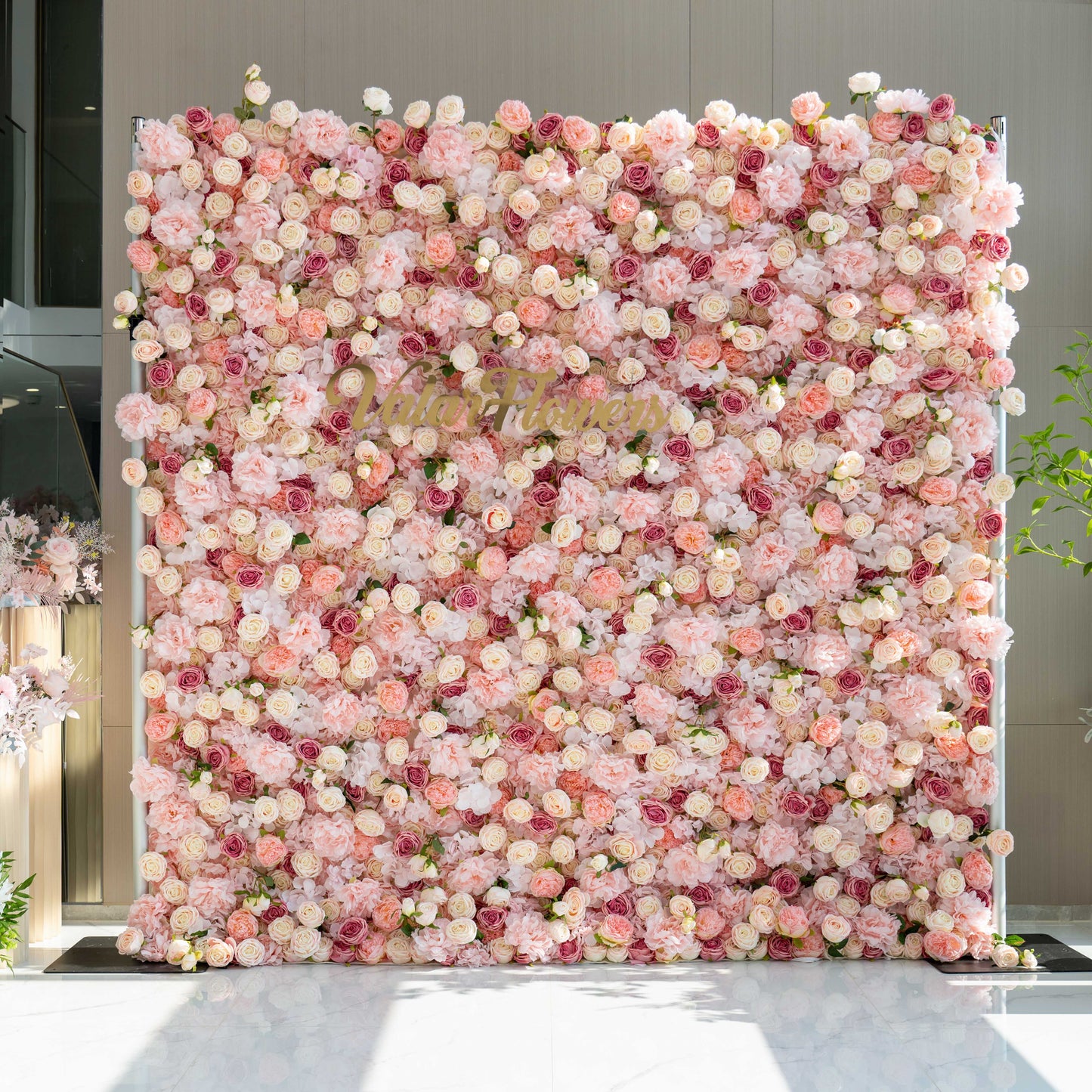 Roll Up Fabric Artificial Variety Of Pink And Cream Floral Bridal Shower Backdrop - Captivating Flowers Photography Arranged Party Event Decor-VF-503